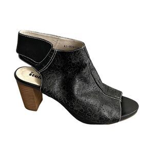 ITALMODA Black Leather Sling Back Open Toe Sandals Heel Floral Design 41